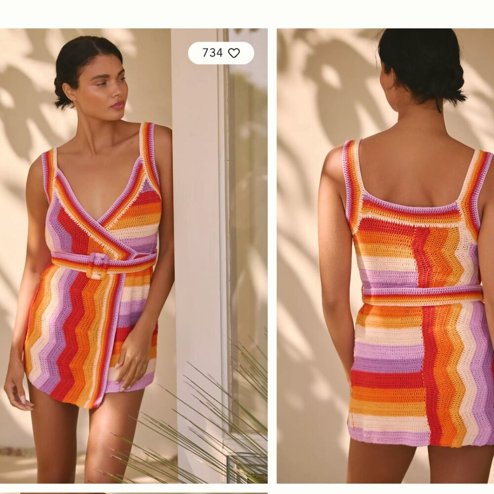 FARM Rio Multicolor Crochet Mini Dress - Orange, Pink, Purple, Yellow, Red